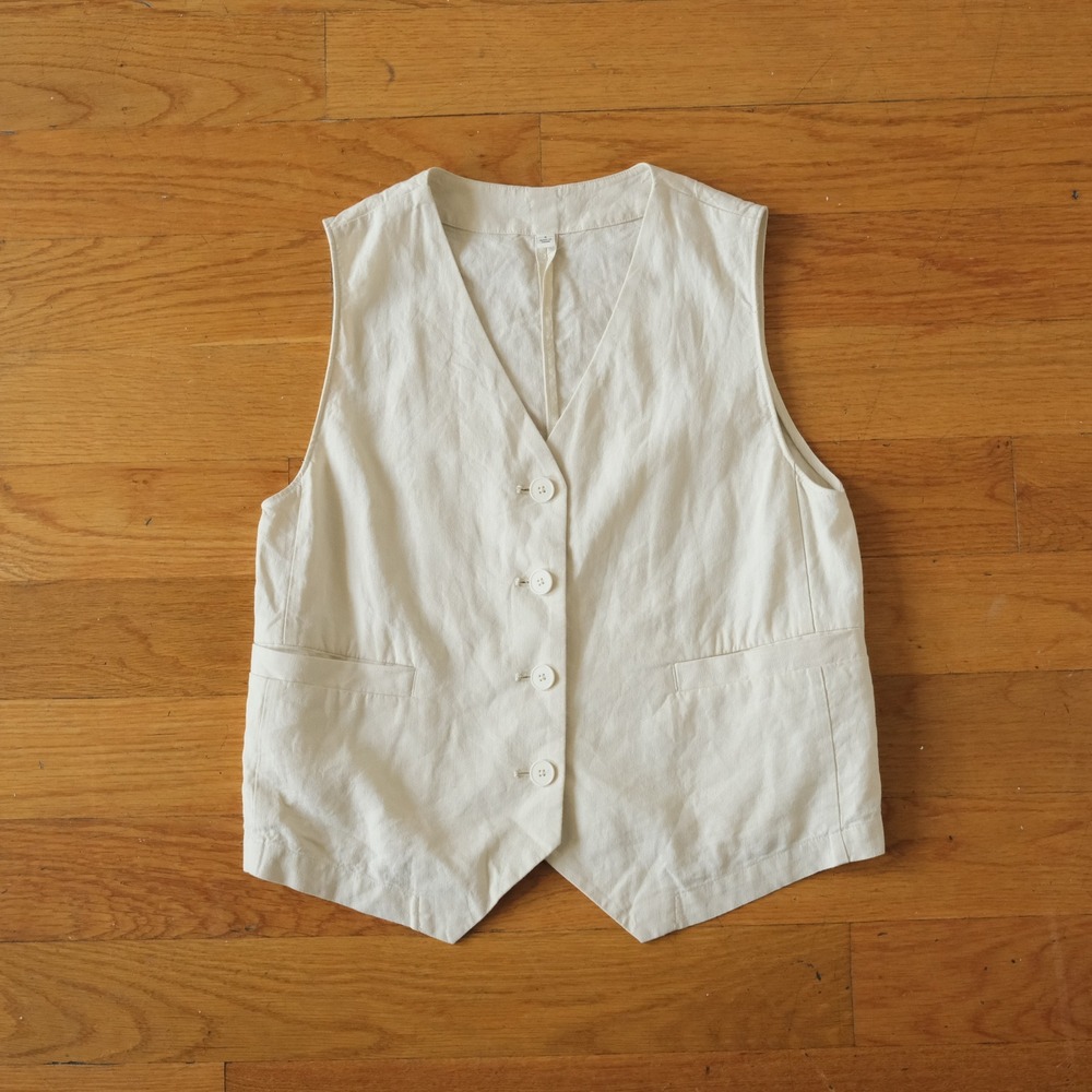 GU Linen Blend Vest Women Cream Button Up Minimalist Coastal S Waistcoat